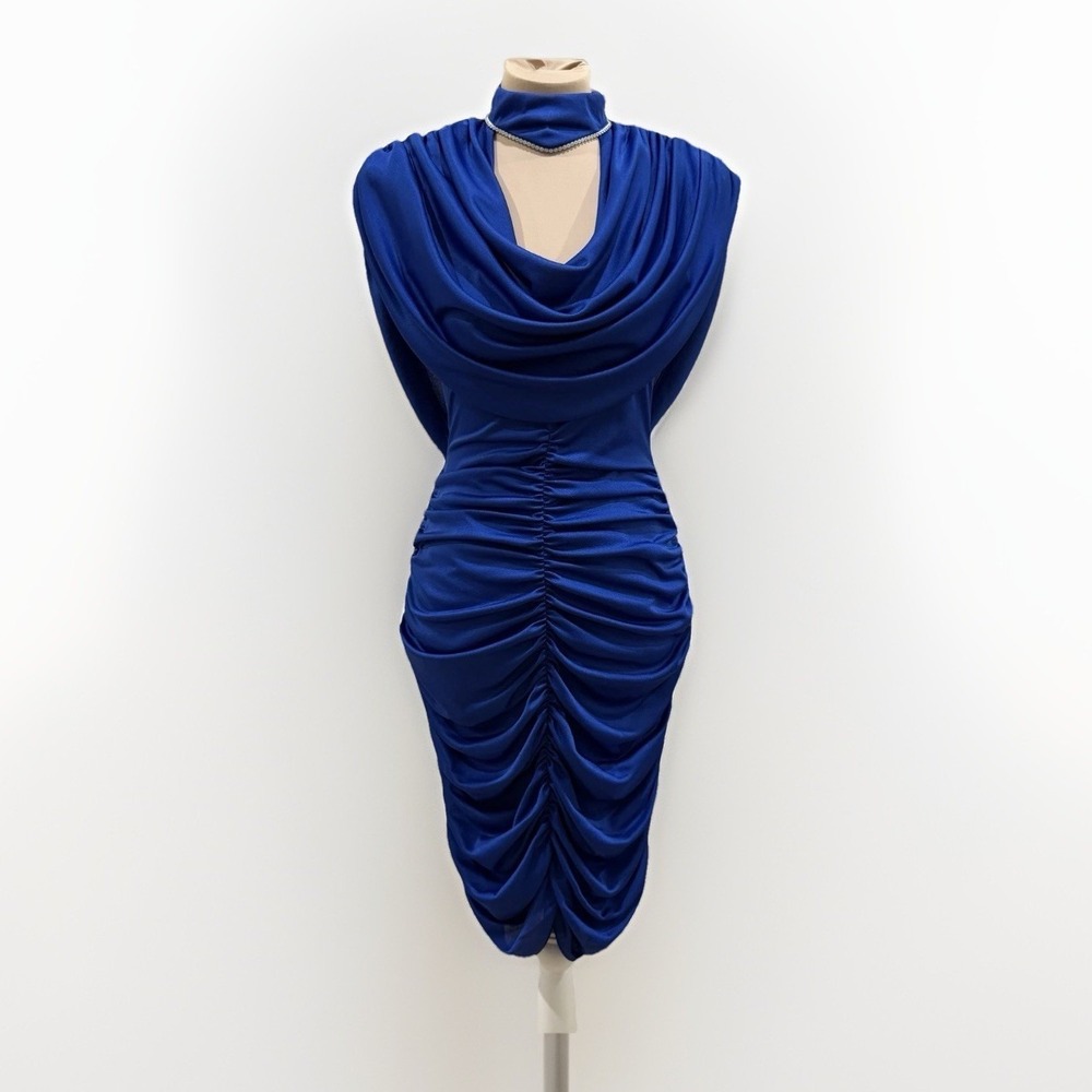 Vtg 80's Madame Of Hilton Colbalt Blue Ruched Dress Bodycon "Diamonds"‎  No Size